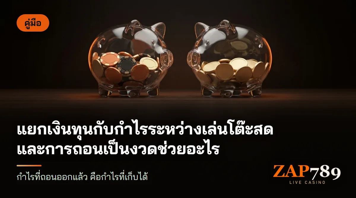 กระปุกออมสินใสสองใบวางคู่กันบนโต๊ะไม้ ใบหนึ่งมีชิปคาสิโน อีกใบมีเหรียญทอง